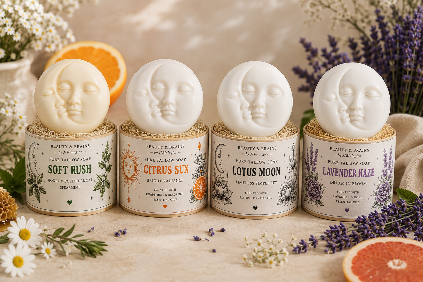 Beauty & Brains Pure Tallow Mini Moon Soap Set

4 Handcrafted Soaps + 4 Homegrown Loofah Soap Savers